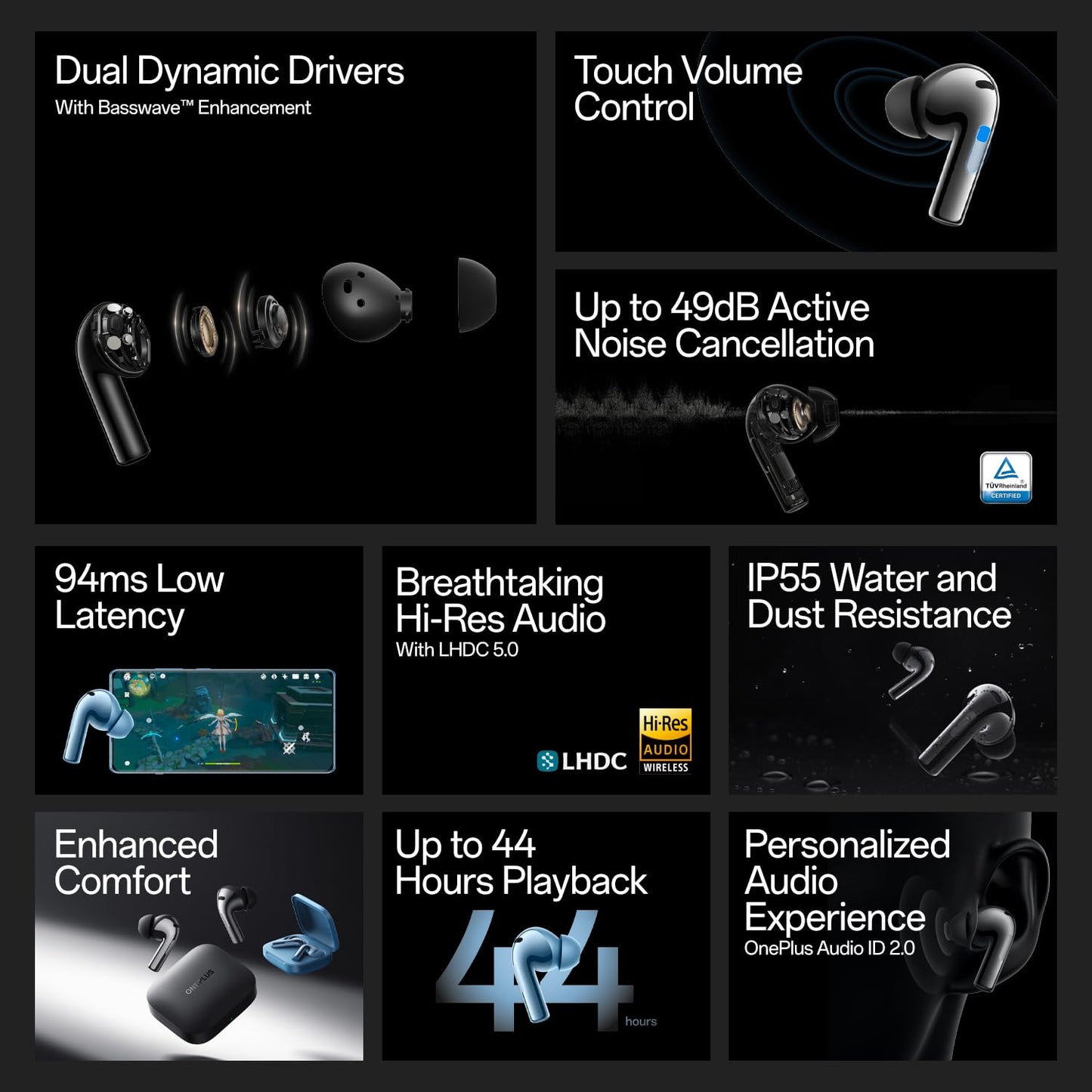 OnePlus Buds 3 in Ear TWS Bluetooth Earbuds with Upto 49dB Smart Adaptive Noise Cancellation,Hi-Res Sound Quality,Sliding Volume Control,10mins for 7Hours Fast Charging with Upto 44Hrs Playback