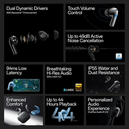 OnePlus Buds 3 in Ear TWS Bluetooth Earbuds with Upto 49dB Smart Adaptive Noise Cancellation,Hi-Res Sound Quality,Sliding Volume Control,10mins for 7Hours Fast Charging with Upto 44Hrs Playback