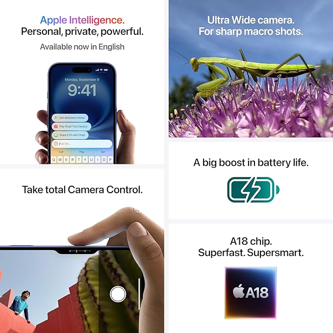 iPhone 16 128 GB: 5G Mobile Phone with Camera Control, A18 Chip and a Big Boost in Battery Life. Works with AirPods