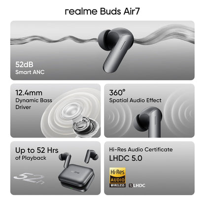 realme Earbuds Air 7 True Wireless,12.4mm Dynamic Bass Drivers,52Hrs Playtime,52dB Hybrid ANC,6 Mic ENC,45ms Low Latency,360° Spatial Audio,Hi-Res LHDC,IP55 Dust & Water Resistant,BT v5.4