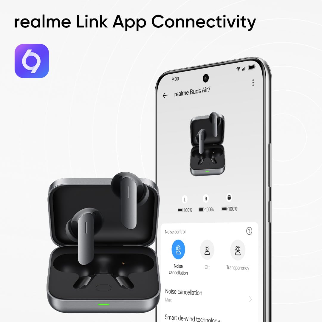 realme Earbuds Air 7 True Wireless,12.4mm Dynamic Bass Drivers,52Hrs Playtime,52dB Hybrid ANC,6 Mic ENC,45ms Low Latency,360° Spatial Audio,Hi-Res LHDC,IP55 Dust & Water Resistant,BT v5.4