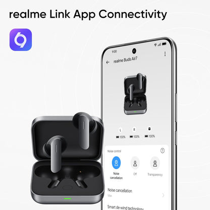realme Earbuds Air 7 True Wireless,12.4mm Dynamic Bass Drivers,52Hrs Playtime,52dB Hybrid ANC,6 Mic ENC,45ms Low Latency,360° Spatial Audio,Hi-Res LHDC,IP55 Dust & Water Resistant,BT v5.4