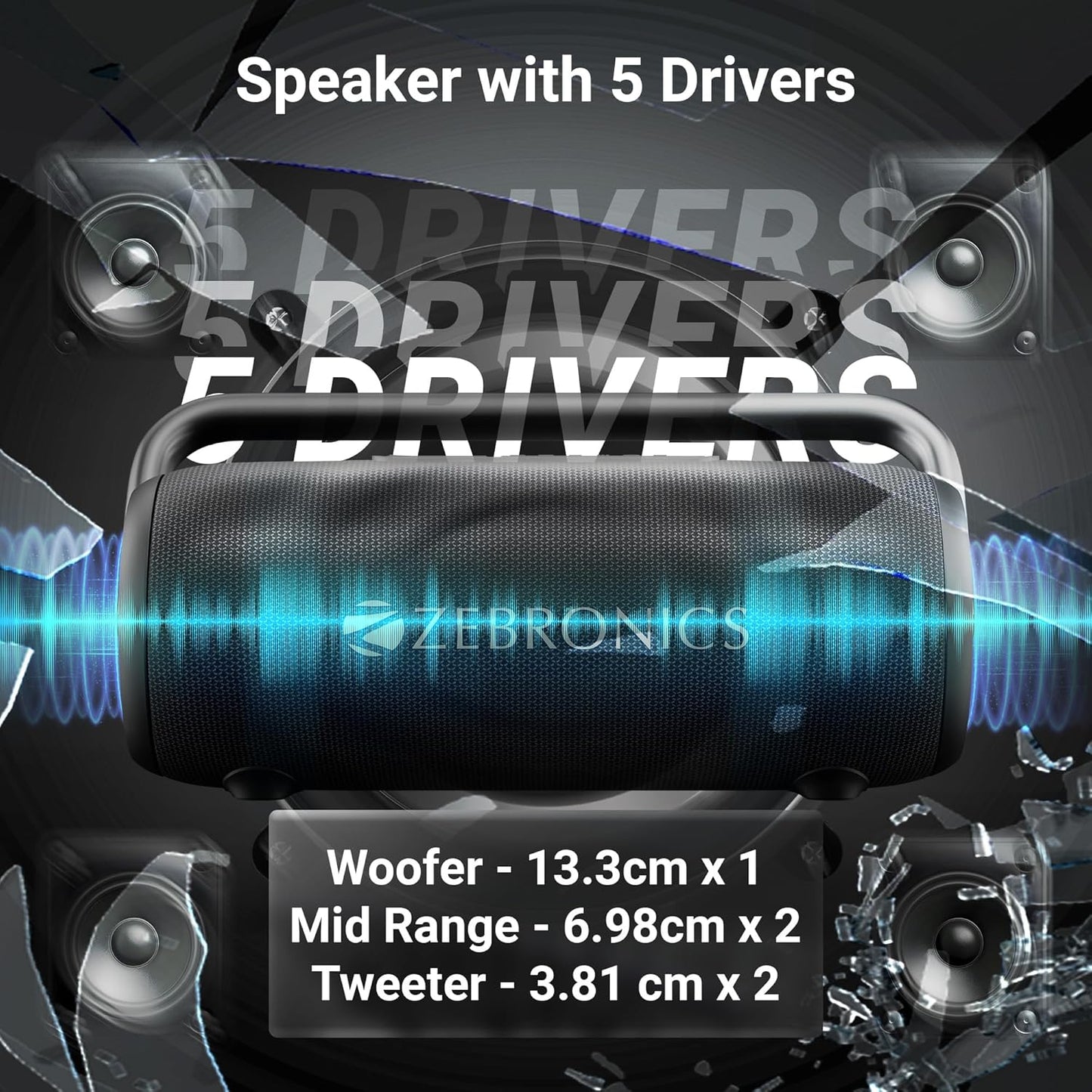 ZEBRONICS AXON 200 Portable Party Bluetooth Speaker, 180W RMS, 5 Drivers + 2 Passive Radiators, Z-Sync Mode, IPX6, Upto 10 Hours Playback, Rapid Charging, BT | USB | AUX, Fabric Finish, RGB, Deep Bass