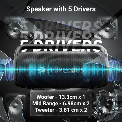 ZEBRONICS AXON 200 Portable Party Bluetooth Speaker, 180W RMS, 5 Drivers + 2 Passive Radiators, Z-Sync Mode, IPX6, Upto 10 Hours Playback, Rapid Charging, BT | USB | AUX, Fabric Finish, RGB, Deep Bass
