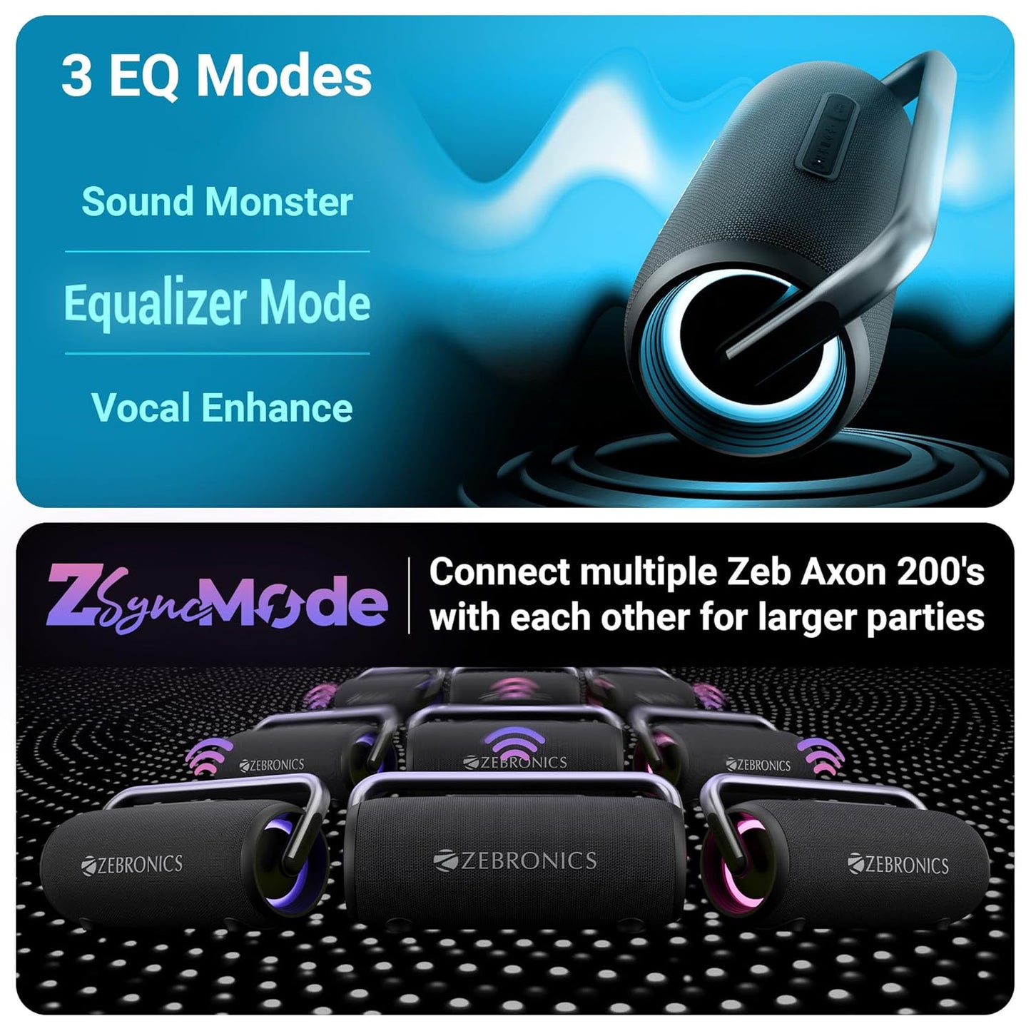 ZEBRONICS AXON 200 Portable Party Bluetooth Speaker, 180W RMS, 5 Drivers + 2 Passive Radiators, Z-Sync Mode, IPX6, Upto 10 Hours Playback, Rapid Charging, BT | USB | AUX, Fabric Finish, RGB, Deep Bass