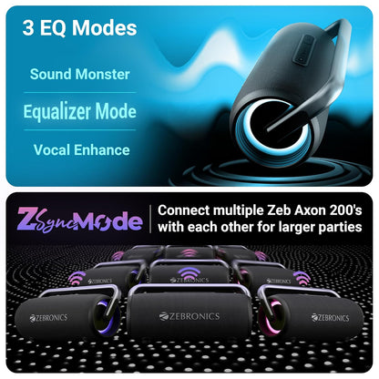 ZEBRONICS AXON 200 Portable Party Bluetooth Speaker, 180W RMS, 5 Drivers + 2 Passive Radiators, Z-Sync Mode, IPX6, Upto 10 Hours Playback, Rapid Charging, BT | USB | AUX, Fabric Finish, RGB, Deep Bass