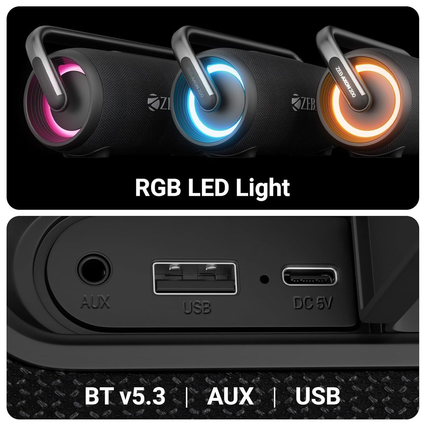 ZEBRONICS AXON 200 Portable Party Bluetooth Speaker, 180W RMS, 5 Drivers + 2 Passive Radiators, Z-Sync Mode, IPX6, Upto 10 Hours Playback, Rapid Charging, BT | USB | AUX, Fabric Finish, RGB, Deep Bass